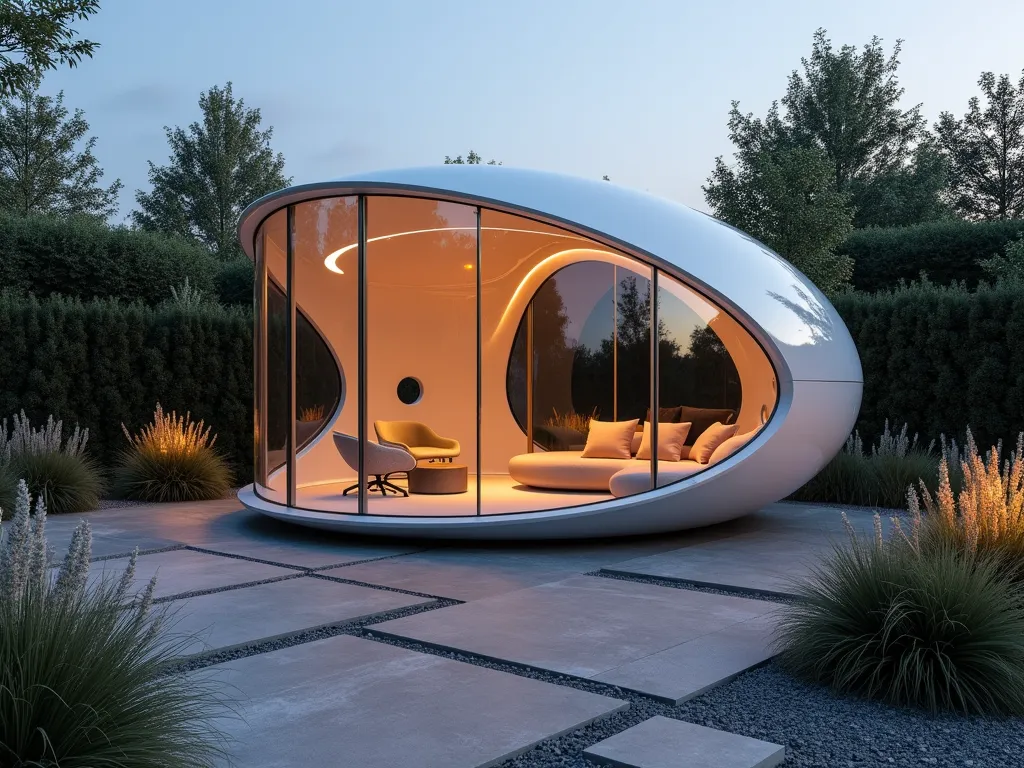 Modern Garden Pod Shelter at Dusk - A sleek, egg-shaped garden pod with curved glass panels and composite materials, set in a contemporary garden landscape. The futuristic shelter features integrated curved seating and soft LED lighting. The pod's organic form is complemented by architectural grasses and minimalist landscaping. Shot at dusk with warm ambient lighting glowing from within the pod, casting elegant shadows across a geometric stone patio. Ultra-wide angle perspective showcasing the pod as a sculptural centerpiece with subtle reflections on its surface.