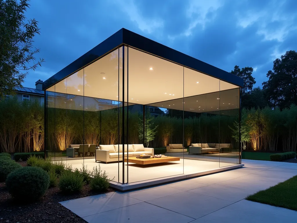 Modern Glass Garden Pavilion at Dusk - A stunning minimalist glass box garden shelter at dusk, featuring seamless frameless glass panels that appear to float above a contemporary patio space. The structure is elegantly lit from within, creating a luminous geometric form against a deepening blue sky. Surrounded by architectural plants including tall bamboo and structured box hedges. The shelter's transparent walls reflect the garden while revealing a sleek interior seating area. Clean lines and hidden structural supports emphasize the shelter's ethereal presence in the landscape. Modern limestone paving extends from beneath the shelter into the surrounding garden, creating a cohesive outdoor living space. Photographed in wide angle to capture the relationship between the glass structure and its garden setting.