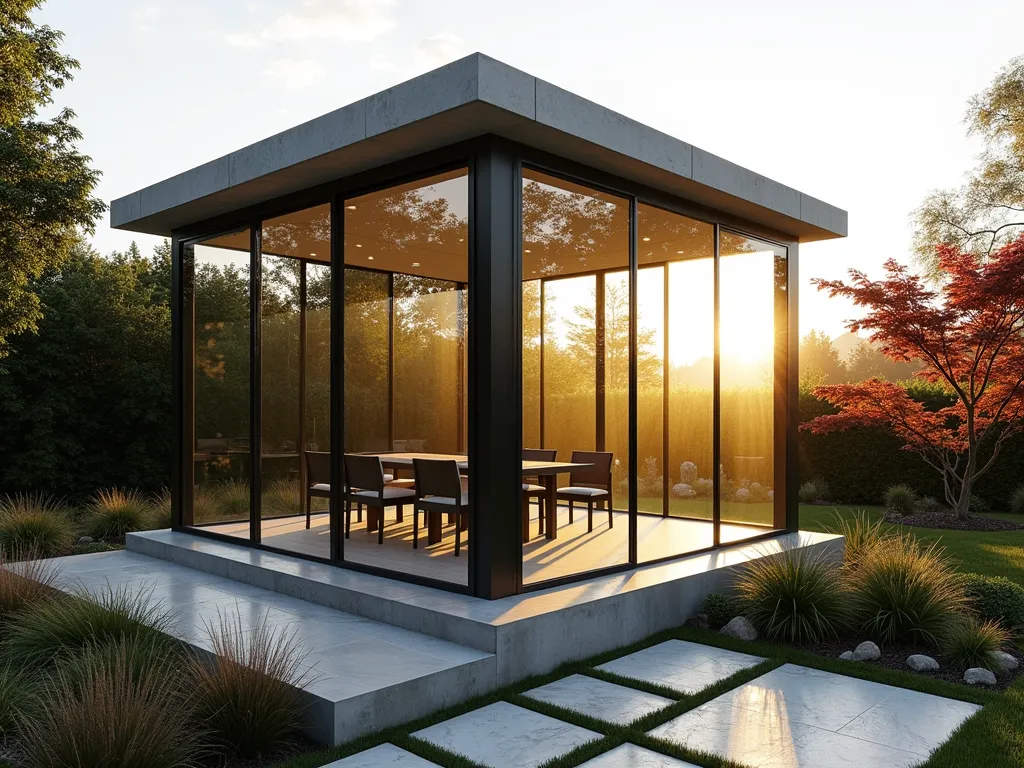 Modern Glass Garden Pavilion at Sunset - A stunning modern glass pavilion in a manicured garden setting photographed at golden hour. The minimalist structure features floor-to-ceiling glass panels with thin black aluminum frames, creating a transparent cubic form. The pavilion sits on a raised concrete platform surrounded by geometric landscaping with ornamental grasses and Japanese maples. Soft sunset light filters through the glass, creating dramatic reflections and shadows. The interior is visible, showing contemporary outdoor furniture. Low-voltage landscape lighting illuminates the surrounding garden paths. Shot with a wide-angle lens from a slight elevation to capture both the architectural details and the pavilion's relationship with the surrounding landscape. High-end architectural photography style with perfect exposure and sharp details, 8K resolution.