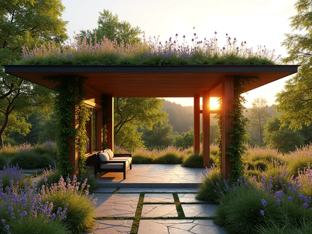 Modern Living Roof Garden Shelter at Dusk - A stunning contemporary garden shelter with a flourishing living green roof, photographed at golden hour. The minimalist timber and steel structure features gently sloping angles, covered in a vibrant carpet of flowering sedums, purple coneflowers, and native wildflowers. Soft evening light filters through the shelter's open sides, casting warm shadows on a natural stone patio below. Small birds and butterflies hover near the rooftop garden, while climbing vines begin to embrace the shelter's corner posts. Shot with a wide-angle perspective to capture the shelter's integration with the surrounding landscape garden. Professional architectural photography, 16-35mm, f/2.8, ISO 400, dramatic sunset lighting, photorealistic, 8k resolution.