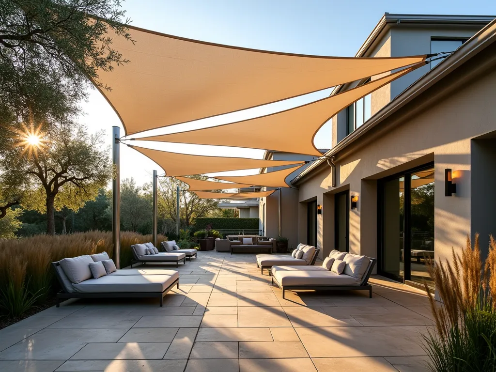 Modern Sail Shade Garden Haven - A stunning wide-angle DSLR shot of a contemporary backyard patio space at golden hour, featuring overlapping triangular sail shades in crisp white and soft beige. The architectural tension fabric creates dramatic geometric shadows on a natural stone patio below. Modern outdoor furniture in sleek grey tones complements the space, while strategic LED lighting adds ambient warmth. Mature olive trees and ornamental grasses frame the scene, their foliage gently moving in the breeze. The sail shades are mounted on brushed stainless steel posts at varying heights, creating a dynamic visual rhythm. Professional photography with perfect exposure, deep depth of field, and crystal-clear detail captures the interplay of light and shadow, f/8, ISO 100, 1/125 sec.