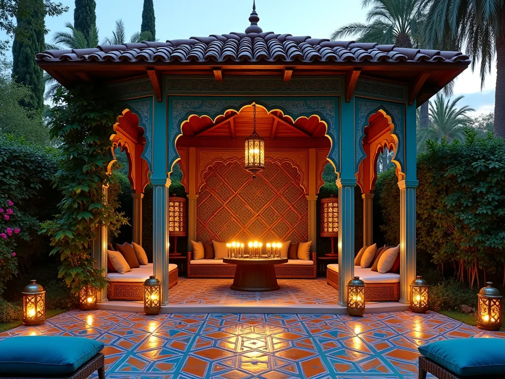 Luxurious Moroccan Garden Pavilion at Dusk - A stunning Moroccan-style garden pavilion at dusk, photographed from a wide angle. The ornate wooden structure features intricate geometric fretwork patterns and graceful pointed arches, painted in rich turquoise and gold. Colorful handmade Moroccan tiles in blues, oranges, and emeralds create a mesmerizing floor pattern. Plush jewel-toned floor cushions and brass lanterns with flickering candlelight create an intimate atmosphere. Climbing jasmine and bougainvillea frame the pavilion, while palm trees and Mediterranean cypress provide a lush backdrop. Soft evening light casts intricate shadows through the latticed walls onto the tiled floor, creating a magical ambiance in this sophisticated outdoor entertainment space.