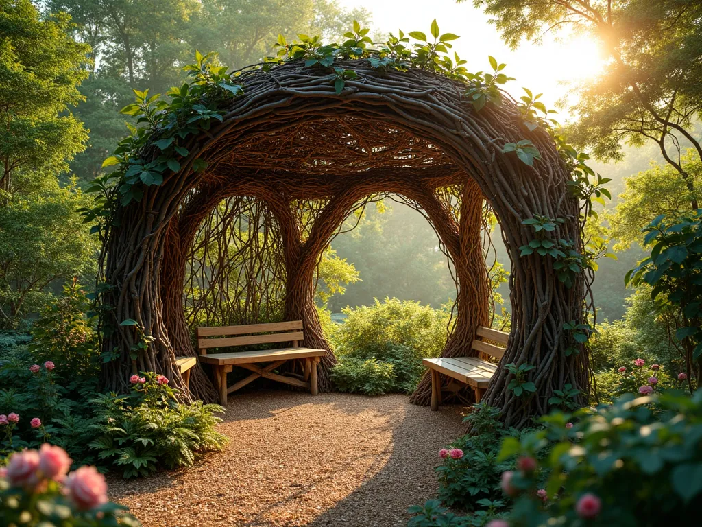 Enchanted Natural Branch Garden Shelter - A magical garden shelter crafted from interwoven natural branches and twigs, photographed during golden hour with sun rays filtering through the structure. The shelter features a dome-shaped roof and curved walls made from thick branches as support posts, with smaller twigs and vines expertly woven between them in a lattice pattern. Surrounding the shelter are native woodland plants and ferns, creating a seamless transition to the garden. Climbing roses and jasmine gracefully wind up the structure, while dappled sunlight creates enchanting shadow patterns on the natural mulch floor below. Shot with a wide-angle lens to capture the entire structure and its integration with the surrounding garden landscape, with shallow depth of field highlighting the intricate branch work. Photorealistic, high detail, architectural photography.