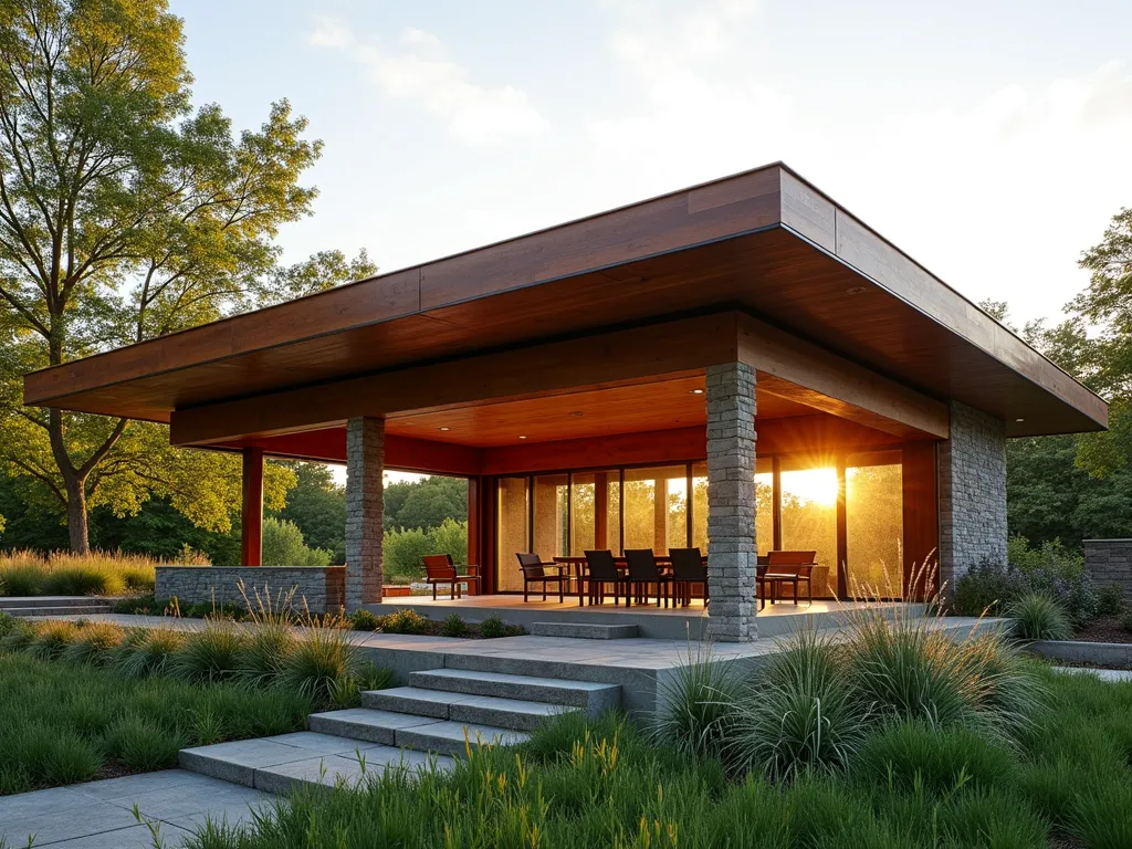 Modern Prairie Style Garden Pavilion - A stunning Frank Lloyd Wright-inspired garden shelter at golden hour, featuring strong horizontal lines and broad overhanging eaves. The structure, photographed from a wide angle, seamlessly integrates with a terraced garden landscape. Natural materials including cedar wood and stone form the shelter's clean geometric design. Low-pitched roof with copper accents catches the warm evening light. Native prairie grasses and ornamental grasses sway in the foreground, while Japanese maples provide architectural interest. The shelter's transparent sides allow views through to a meticulously maintained garden beyond. Shot with dramatic perspective emphasizing the shelter's strong horizontal elements against a soft, glowing sky.