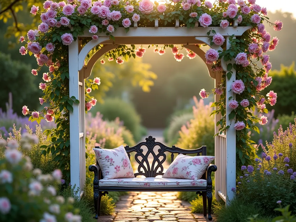 Romantic Cottage Garden Arbor at Sunset - A charming white-painted wooden arbor with ornate lattice details in a cottage garden setting, captured during golden hour. Pink climbing roses and purple clematis intertwine through the structure, creating a romantic arch. Below sits a cozy vintage-style metal bench with plump floral cushions. The arbor frames a peaceful garden vista with cottage-style perennials in soft pastel hues. Dappled evening light filters through the climbing flowers, casting delicate shadows on the weathered brick pathway beneath. The scene is captured at a slight angle to show both the intimate seating area and the garden beyond, with soft bokeh effects in the background.