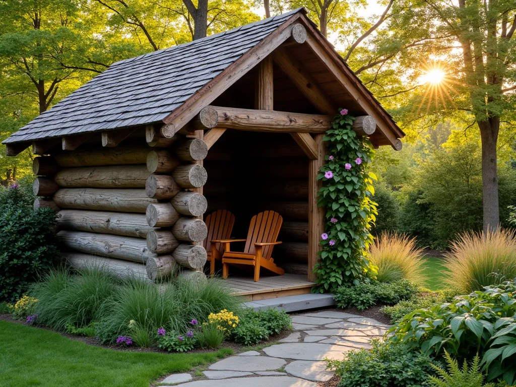 Enchanted Log Cabin Garden Shelter - A rustic log cabin garden shelter nestled in a lush backyard setting, photographed during golden hour. The structure features authentic round timber logs with natural bark texture, joined at the corners, supporting a steep-pitched cedar shake roof. Morning glory and climbing roses gracefully wind up the cabin's corners. A stone pathway leads to the entrance, lined with ornamental grasses and native ferns. Warm evening light filters through surrounding maple trees, casting dappled shadows on the weathered wood. The shelter is captured in a wide-angle perspective at f/2.8, emphasizing the cozy, woodland retreat atmosphere while showing its integration into the garden landscape. Wooden Adirondack chairs visible through the open entrance create an inviting atmosphere.