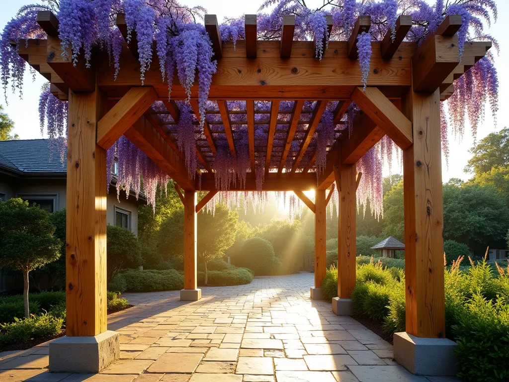 Enchanting Rustic Timber Pergola with Wisteria - A stunning wide-angle shot of a handcrafted rustic timber pergola in golden late afternoon light, constructed from weathered cedar beams with rich honey-brown tones. The massive wooden posts and crossbeams showcase natural grain patterns and artisanal joinery. Cascading purple wisteria drapes elegantly from the overhead lattice, creating a romantic dappled shade effect on the stone patio below. The pergola is set against a backdrop of lush garden greenery, with soft sunlight filtering through the flowering vines, creating an atmospheric interplay of light and shadow. The composition emphasizes the grand scale and architectural beauty of the structure while capturing the organic integration with the surrounding landscape. Shot with a DSLR camera, wide-angle lens, f/8, ISO 100, 1/125 sec, during magic hour.