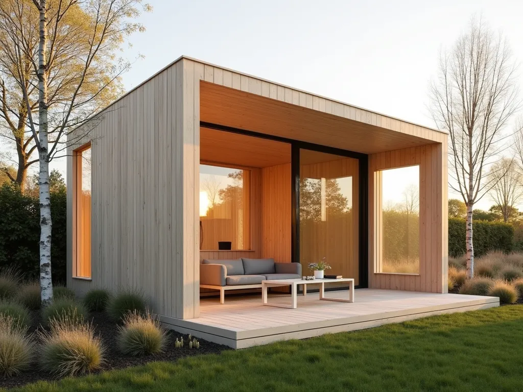 Modern Scandinavian Garden Pavilion at Sunset - A stunning minimalist Scandinavian wooden pavilion in a serene garden setting, photographed at golden hour. The structure features clean geometric lines, light blonde timber, and a flat angular roof. The pavilion's transparent glass panels on two sides reflect the warm sunset light. Contemporary outdoor furniture in neutral tones sits beneath the shelter. The surrounding landscape includes ornamental grasses and birch trees, creating a harmonious blend of architecture and nature. Captured with a wide-angle lens to show the pavilion's relationship with its environment, soft natural lighting enhances the pale wood's texture. Shot at f/2.8 with subtle depth of field, ISO 400, 16mm focal length.