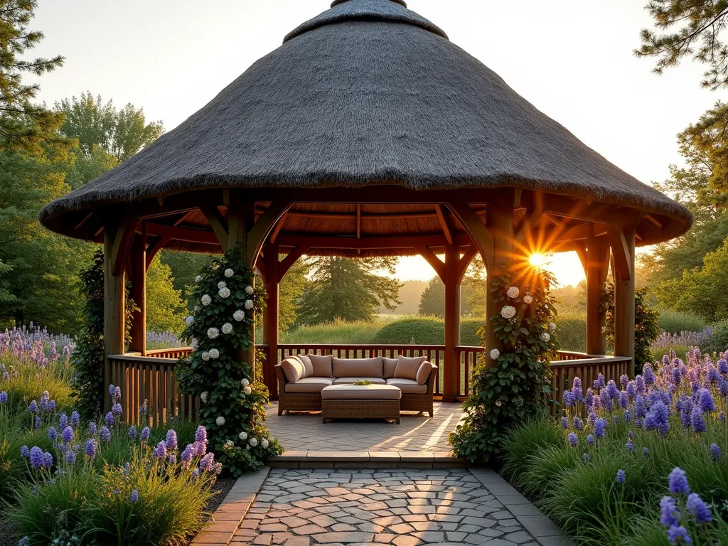 Traditional Circular Thatched Gazebo at Sunset - A stunning circular thatched gazebo photographed during golden hour, featuring natural reed roofing and rustic timber supports. The structure stands as an elegant focal point in a well-maintained English garden. Climbing roses and wisteria gracefully wind around the wooden posts, while lavender borders line the cobblestone path leading to the entrance. Captured with a wide-angle perspective at f/2.8, the warm evening light filters through the thatch, creating dramatic shadows and highlighting the traditional craftsmanship. Comfortable wicker furniture with plush cushions sits inside, offering a cozy seating area. The surrounding garden features a mix of cottage-style plantings with foxgloves, delphiniums, and hydrangeas in soft blues and purples.