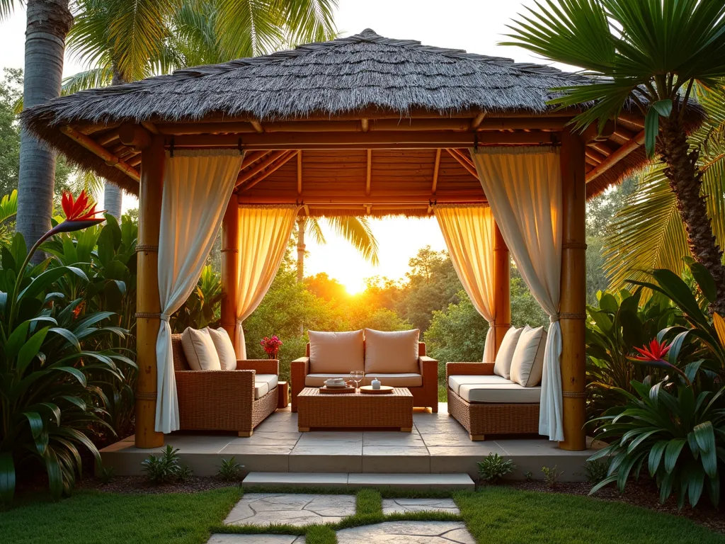 Luxury Tropical Bamboo Cabana at Sunset - A stunning wide-angle DSLR photograph of a luxurious bamboo cabana in a lush backyard garden setting at golden hour. Natural bamboo poles support an authentic thatched palm roof with gentle slopes. Billowing white curtains flow in the breeze between the poles. Inside, premium rattan lounge furniture with plush cream cushions creates an inviting seating area. The cabana is surrounded by tropical landscaping including tall bamboo plants, birds of paradise, and vibrant hibiscus flowers. Warm sunset light filters through the foliage, creating dramatic shadows and a resort-like ambiance. Stone pavers lead to the cabana entrance, with landscape lighting beginning to glow. Shot at f/8 for perfect depth of field, capturing both detailed textures of the bamboo construction and the surrounding tropical paradise. Photographic style: architectural, resort, luxury landscape design.