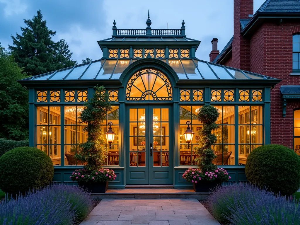 Victorian Glass Conservatory at Dusk - A stunning Victorian-style glass conservatory photographed at dusk, featuring ornate wrought iron framework painted in classic sage green. The pitched glass roof captures the last rays of golden sunlight, creating a warm glow inside. Exotic palms and flowering orchids are visible through the decorative glass panels. The conservatory is connected to a red brick mansion and surrounded by manicured topiary gardens with blooming lavender borders. Climbing roses frame the elegant double doors, while vintage-style copper lanterns flank the entrance. Shot with a wide-angle perspective at f/2.8, capturing both the architectural grandeur and the romantic garden setting. The warm interior lighting contrasts beautifully with the deepening blue twilight sky.