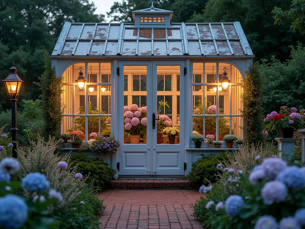 Charming Vintage Greenhouse Garden Room - A magical twilight scene of a vintage-style greenhouse shelter in a lush garden, photographed with a wide-angle lens. The structure features weathered white-painted antique window frames and French doors arranged in a Victorian-style design, creating a romantic glass sanctuary. Soft evening light filters through the glass panes, illuminating potted lavender and climbing roses on the exterior. Inside, visible through the windows, are collections of terrariums and delicate ferns. The greenhouse is surrounded by a cottage garden with blooming hydrangeas and wild English roses, with vintage copper lanterns hanging from decorative brackets casting a warm glow. A weathered brick pathway leads to the entrance, lined with creeping thyme. Shot with a shallow depth of field highlighting the intricate architectural details and patina of the salvaged materials. 8K resolution, hyper-realistic details, professional architectural photography.