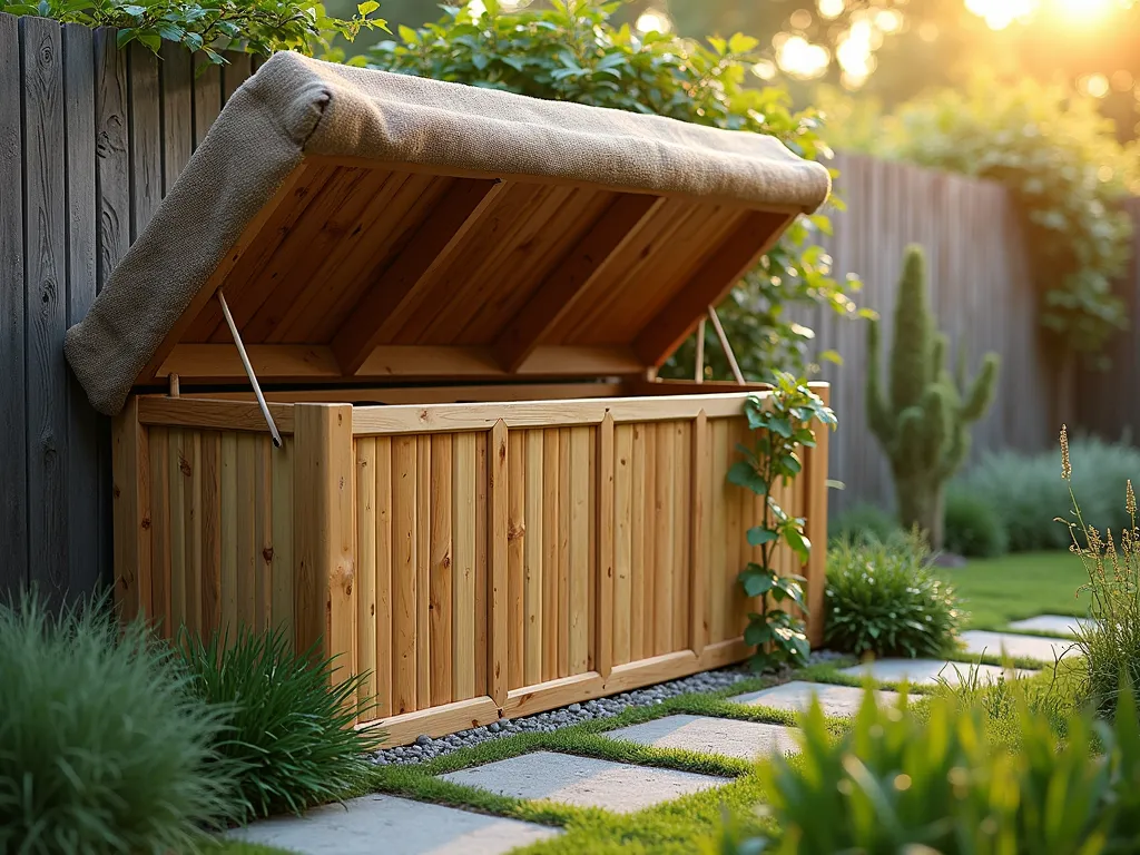 Eco-Friendly Bamboo Soil Storage Station - A serene early morning garden scene featuring an elegant bamboo soil storage unit nestled against a weathered wooden fence, photographed at f/8 with golden sunlight filtering through morning mist. The sophisticated storage system showcases multiple compartments divided by natural bamboo panels, each containing different types of garden soil. The structure features a slanted, thatched bamboo roof with hinged sections for easy access. Natural jute fabric covers provide additional weather protection. The unit is complemented by climbing jasmine vines on one side and surrounded by ornamental grasses. A stone path leads to the unit, with dewdrops glistening on nearby foliage. The wide-angle composition captures the entire 6-foot-tall structure while showing its integration into the garden landscape, with soft bokeh effects in the background highlighting a zen garden atmosphere.