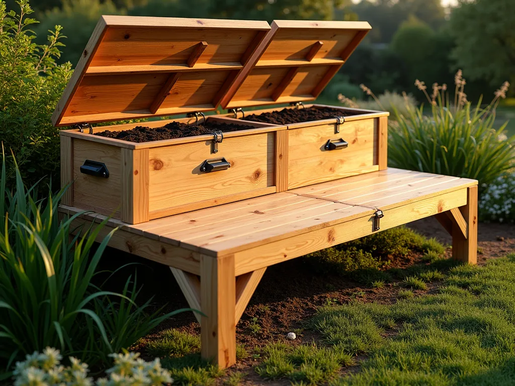 Modern Elevated Garden Soil Storage Platform - Professional DSLR wide-angle shot of a sleek, modern elevated garden soil storage platform at golden hour. The custom-built wooden structure features three compartments with hydraulic-assisted lids in weathered cedar, positioned against a lush garden backdrop. Soft evening sunlight casts warm shadows across the platform's clean lines. The raised design stands at waist height with sturdy legs and cross-bracing. One compartment lid is partially open, revealing organized soil storage within. Surrounded by ornamental grasses and flowering perennials. The structure includes convenient handles and waterproof seals, photographed at f/8 with natural lighting highlighting the functional design and craftsmanship.