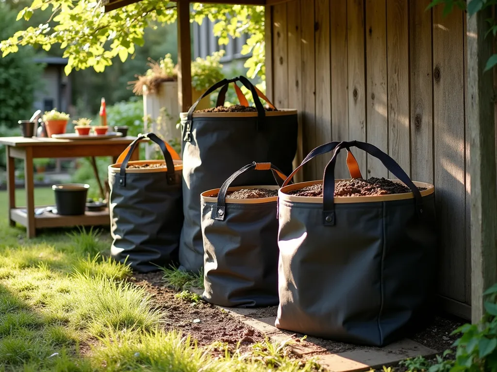 Organized Fabric Grow Bag Storage in Garden Setting - A late afternoon garden scene showcasing neatly arranged fabric grow bags filled with soil, photographed from a medium angle. The heavy-duty black and tan grow bags with sturdy handles are stacked efficiently against a rustic wooden garden shed wall. Natural sunlight filters through nearby trees, creating dappled light on the bags. Several bags are arranged in a practical pyramid formation, demonstrating their stackability, while others stand individually, showing their portable nature. The breathable fabric texture is clearly visible, with subtle variations in the material suggesting quality construction. A potting bench nearby provides context, with garden tools and empty pots arranged neatly. The background reveals glimpses of a well-maintained garden with raised beds and climbing vines. Shot with a DSLR camera, the image maintains sharp detail and natural depth, captured at f/8 with perfect exposure to highlight the practical storage solution in an authentic garden setting.