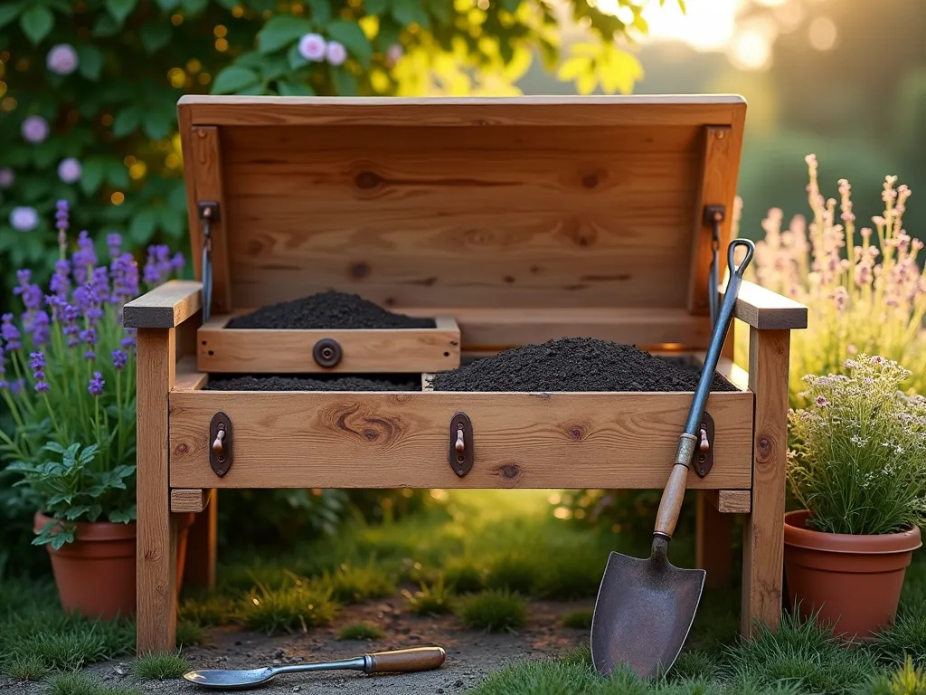 Elegant Garden Bench with Hidden Soil Storage - A close-up shot at golden hour of a rustic cedar garden bench with a partially lifted hinged seat, revealing neatly organized compartments storing different types of garden soil. The bench sits in a charming cottage garden setting with climbing roses and lavender in the background. Soft evening light filters through nearby trees, casting dappled shadows on the weathered wood. The bench features detailed craftsmanship with copper hardware and discrete ventilation slots. A small collection of garden tools rests beside the bench, while potted herbs line its base, creating an inviting and practical garden vignette. Photorealistic, high detail, soft natural lighting.