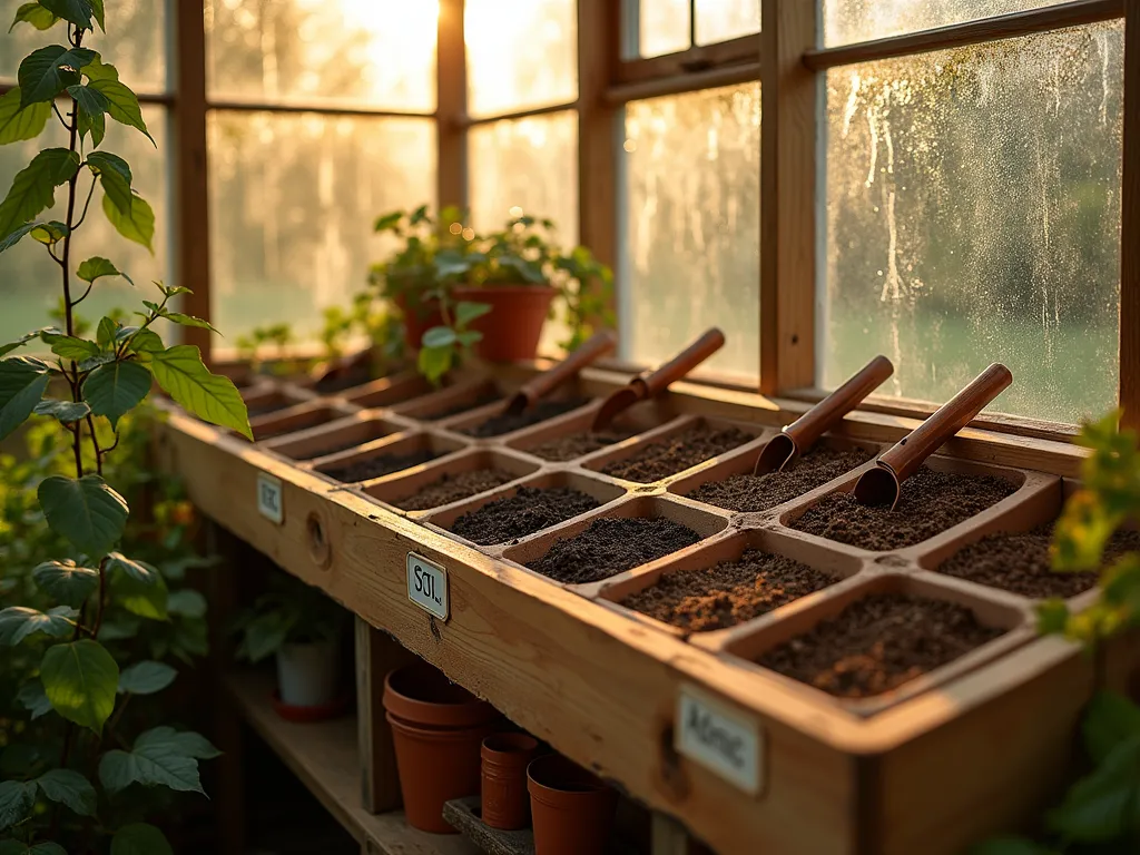 Elegant Greenhouse Corner Soil Storage - A sunlit greenhouse corner at golden hour, featuring a beautifully crafted wooden soil storage unit with multiple angled compartments. The custom-built unit seamlessly fits into the greenhouse corner, with clear acrylic label holders displaying soil types. Rich, dark potting soils visible in the compartments, with copper scoops hanging neatly on the side. Terracotta pots and seed trays arranged nearby, ready for use. Diffused sunlight streaming through the greenhouse panels creates a warm, inviting atmosphere. The storage unit features a slanted design allowing for easy access and natural flow of materials. Climbing ivy decorates the greenhouse frame, while condensation droplets on the glass add natural detail. Shot from a wide angle to show the full integration with the greenhouse space, with subtle depth of field highlighting the professional organization system.