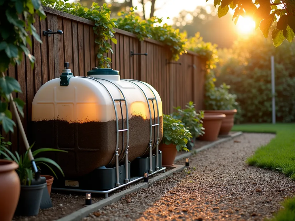 IBC Tank Garden Soil Storage at Sunset - A serene garden workspace at golden hour, featuring a modified IBC tank soil storage system against a rustic wooden fence. The tank has been professionally cut and fitted with a hinged metal cover and drainage valves. The translucent container is partially filled with rich, dark garden soil, illuminated by warm sunset light. Surrounding the storage unit are well-organized garden tools, terracotta pots, and climbing ivy on the fence. A neat gravel path leads to the storage area, with small LED ground lights providing ambient illumination. Shot at f/2.8 with soft bokeh effect, capturing the practical beauty of organized garden storage. 16mm wide-angle perspective showcasing the entire functional space.