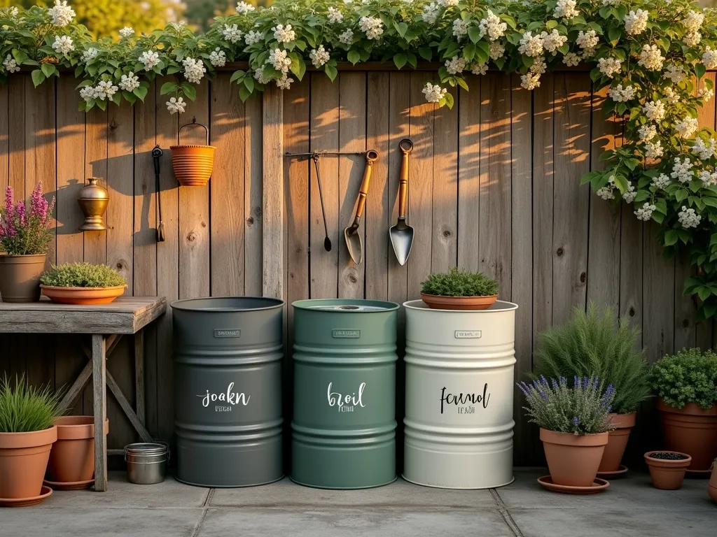 Industrial Metal Drum Garden Soil Storage - A stylish garden workspace at golden hour, featuring three repurposed industrial metal drums arranged against a rustic wooden fence. The drums are painted in matte sage green, charcoal, and cream colors, with elegant stenciled labels indicating soil types. A weathered potting bench sits nearby, with vintage gardening tools hanging on the wall. Soft evening sunlight casts long shadows across the textured concrete floor, while climbing jasmine adorns the fence. Shot at f/2.8 with a slight bokeh effect, capturing the industrial-chic aesthetic with warm, natural lighting. The composition includes a collection of terracotta pots and garden supplies, creating an organized and professional gardening space.