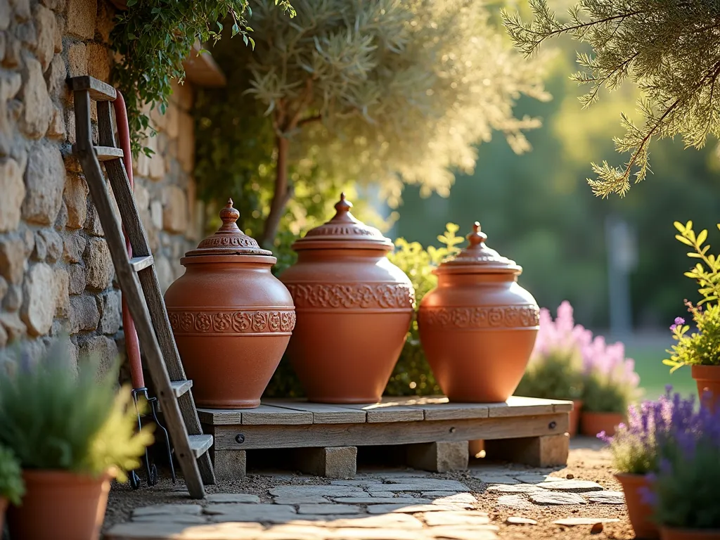 Mediterranean Garden Soil Storage with Terracotta Pots - A late afternoon garden scene with golden sunlight filtering through olive trees, showcasing an elegantly organized terracotta pot storage solution. Three large, rustic terracotta pots of varying sizes (24-36 inches) are arranged on a weathered wooden platform against a stone garden wall. The pots feature ornate Mediterranean patterns and are sealed with decorative copper lids. A vintage wooden ladder leans nearby, with gardening tools artfully arranged. Potted lavender and rosemary plants frame the scene, while climbing bougainvillea adorns the wall. Shot from a 45-degree angle to capture depth and dimension, with soft bokeh effect in background. 16-35mm lens at f/2.8, ISO 400, creating a warm, inviting atmosphere with natural shadows and highlights.