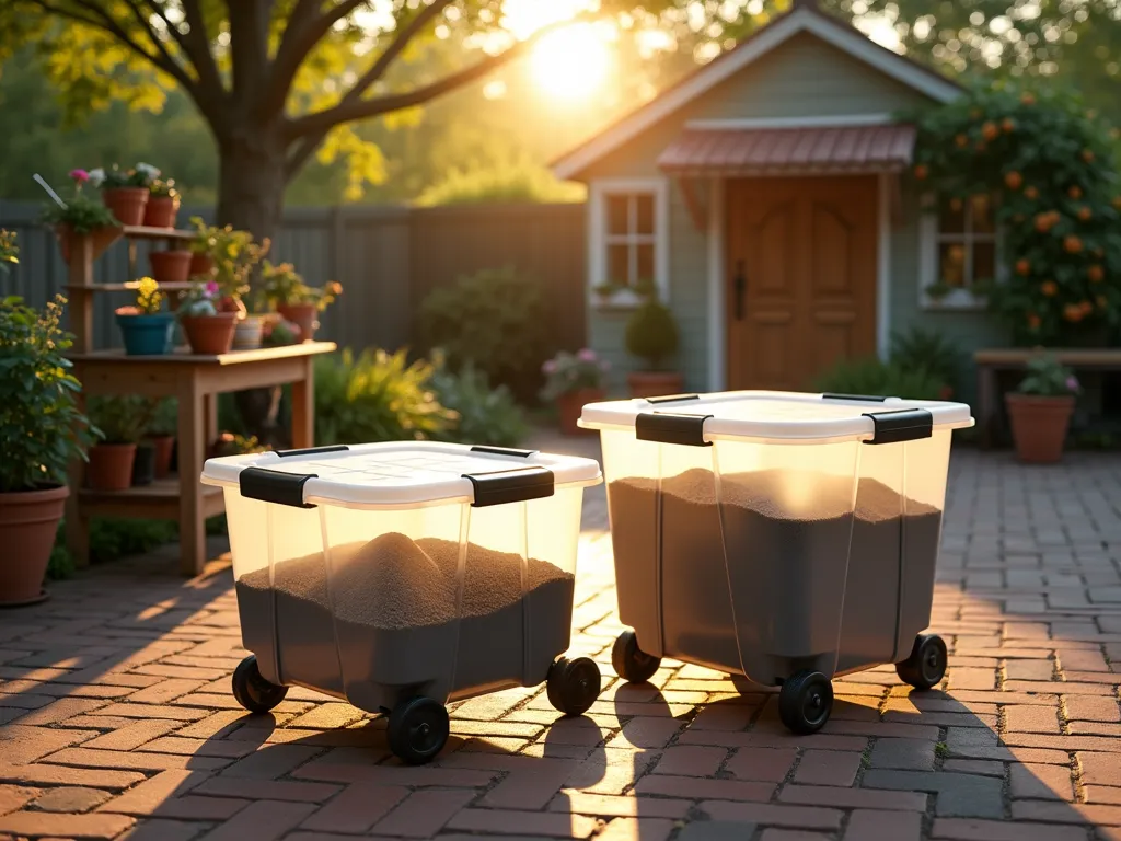 Mobile Garden Soil Storage Tote at Sunset - A beautifully composed wide-angle shot of a well-organized garden workspace at golden hour. In the foreground, two heavy-duty clear plastic storage totes with robust wheels sit on a neat brick patio. The totes are partially filled with rich, dark garden soil and feature secure snap-on lids. Natural sunlight filters through nearby maple trees, casting warm shadows across the scene. The background showcases a charming garden shed with climbing roses, while various gardening tools are neatly arranged on a vintage wooden potting bench. The lighting creates a magical atmosphere with sun flares through the trees, highlighting the practical functionality of the mobile storage solution. Shot with a digital camera, 16-35mm lens at f/2.8, ISO 400, capturing the perfect balance of sharp details and dreamy background blur.