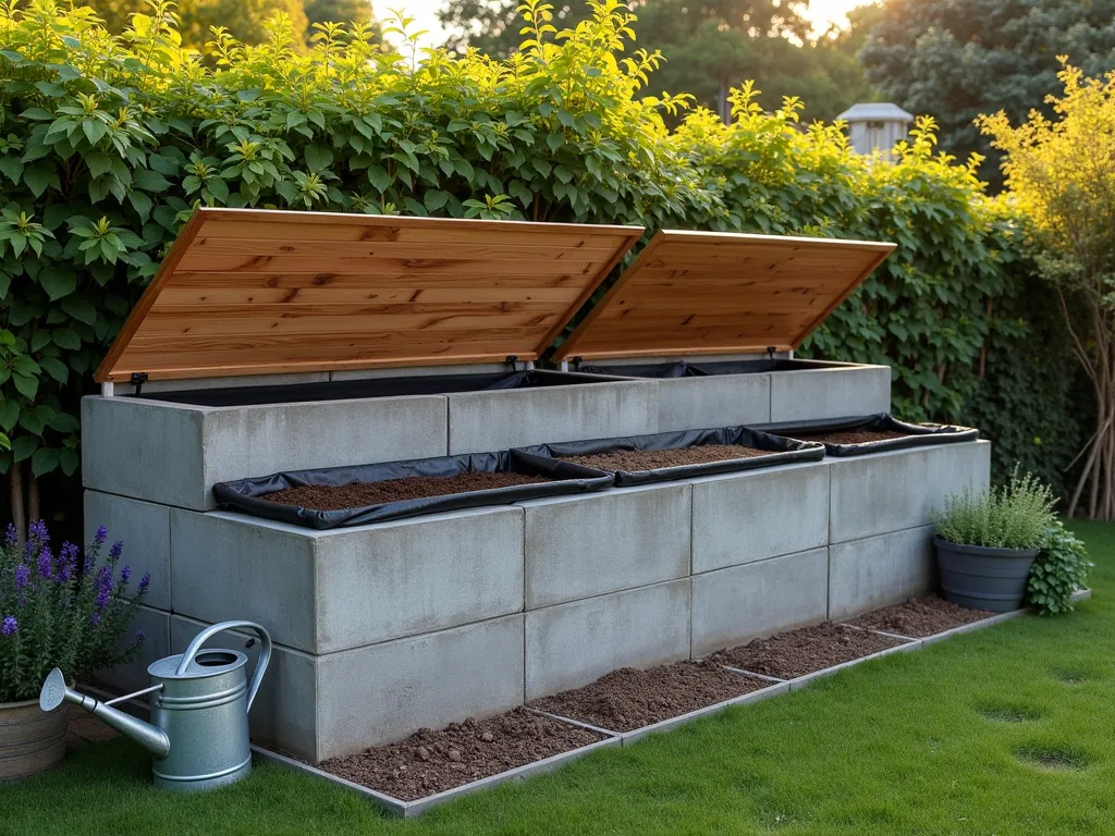 Modern Concrete Block Soil Storage System - A professional photograph of a modern concrete block storage wall in a well-organized garden setting, shot during golden hour. The structure features a neat arrangement of gray concrete blocks forming multiple compartments, each lined with black heavy-duty plastic and topped with sleek cedar wood covers. Some compartments are partially open, revealing different types of garden soil. The wall is approximately 6 feet tall and 12 feet wide, with a backdrop of lush green foliage and climbing jasmine. Shot from a slight angle at f/2.8 to create depth, with warm evening light casting subtle shadows across the structure. A vintage metal watering can and some gardening tools are artfully arranged in the foreground, adding context and scale.