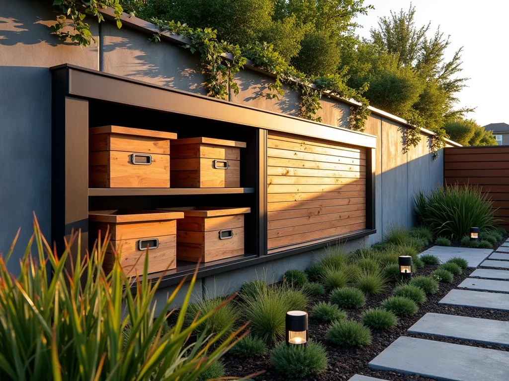 Modern Garden Wall Storage System at Sunset - A modern garden wall with built-in cedar storage compartments seamlessly integrated into a contemporary landscape design, photographed at golden hour. The wall features sleek sliding metal panels in varying states - some open revealing organized soil storage bins, others closed for protection. The storage system is mounted on a sophisticated dark grey concrete wall with climbing ivy adding organic texture. Wide-angle shot capturing the full wall system with soft sunset lighting casting warm shadows across the structure. The foreground shows a well-maintained garden bed with ornamental grasses swaying in the evening breeze, while modern garden lights illuminate the practical yet stylish storage solution.