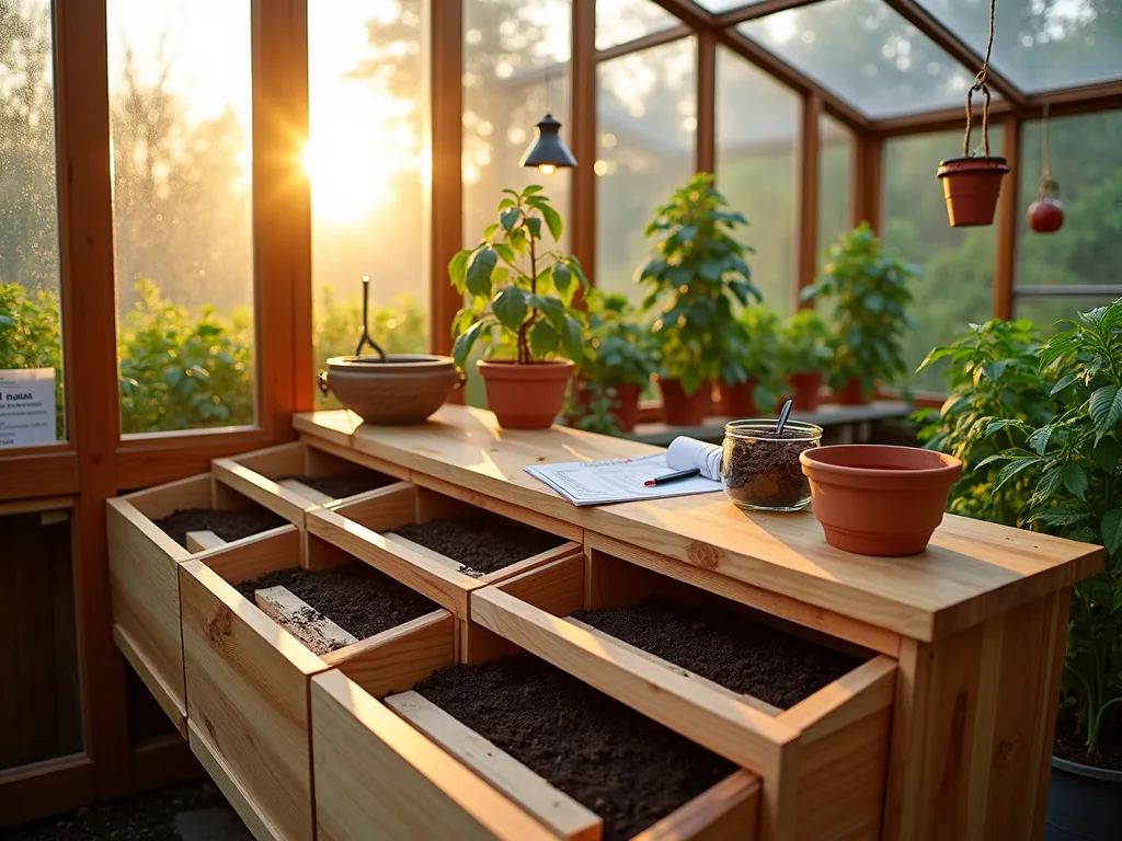 Modern Greenhouse Soil Storage Integration - A professional DSLR wide-angle shot of a sleek modern greenhouse interior at golden hour, sunlight streaming through glass panels. The focal point is an elegant cedar potting bench with integrated soil storage bins underneath. The storage system features three roll-top wooden covers in different positions - one closed, one partially open revealing dark, rich potting soil, and one fully open. The potting bench includes organized gardening tools and terra cotta pots. A garden planning station sits adjacent with seed packets and plant markers. The greenhouse houses thriving tomato plants and herbs in organized rows. Shot at f/8, capturing the warm, natural lighting and detailed textures of wood grain and soil. The composition emphasizes practical organization while maintaining aesthetic appeal.