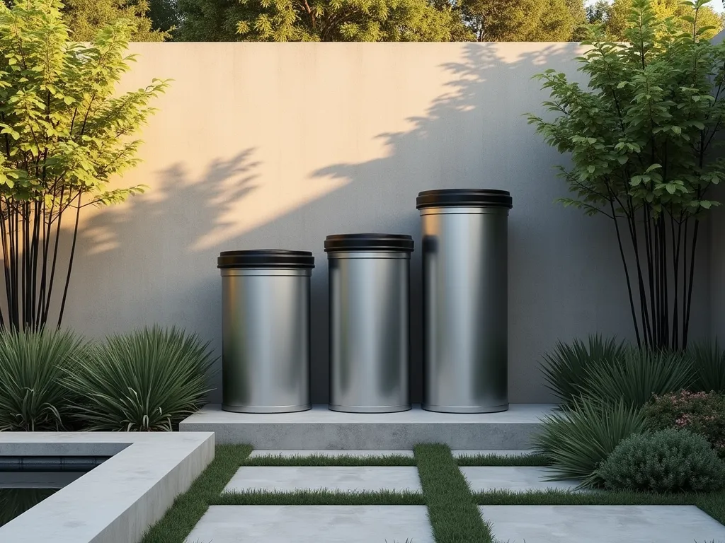 Modern Metal Soil Storage in Contemporary Garden - A late afternoon garden scene showcasing sleek galvanized steel storage containers arranged against a modern concrete garden wall. Three cylindrical containers of varying heights with matte silver finish and black sealed lids create an industrial-chic focal point. The containers are positioned on a clean-lined concrete platform, surrounded by architectural plants like Japanese forest grass and black bamboo. Warm sunlight casts long shadows, emphasizing the metallic finish of the containers. A minimalist water feature trickles nearby, while geometric pavers lead to the storage area. The composition is photographed from a three-quarter angle, showing both the practical organization and aesthetic integration into the modern garden design.