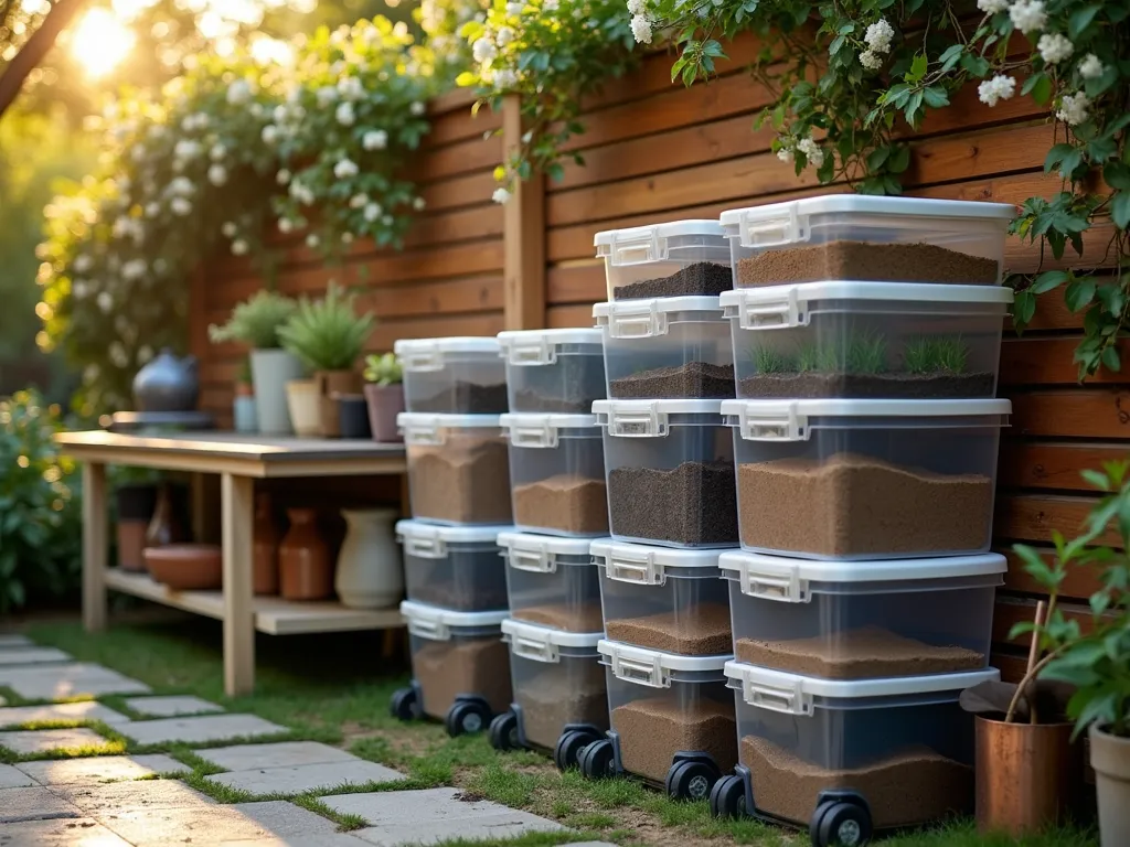 Modern Modular Garden Soil Storage System - Close-up view of a well-organized garden storage area at golden hour, featuring sleek stacked transparent and light gray plastic storage bins with secure snap-on lids. The modular system is arranged against a wooden fence with climbing jasmine, showing different types of soil visible through the clear containers. Bottom containers are mounted on sturdy wheels for mobility, with neat labels indicating soil types. A modern potting bench nearby, weathered copper garden tools, and a partially visible stone pathway add context. Soft evening sunlight filters through tree branches, creating dappled shadows across the scene. Shot with shallow depth of field focusing on the organized storage system, 16-35mm lens at f/2.8, ISO 400.