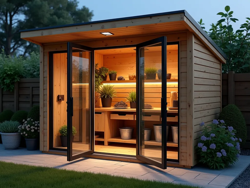 Modern Garden Soil Storage Shed with Potting Station - A beautifully designed compact garden shed at dusk, illuminated by warm LED lighting. The 8x6 foot cedar-clad structure features a slanted modern roof and glass panels for natural light. The front doors are wide open, revealing an organized interior with built-in galvanized steel soil storage bins along one wall, and a rustic wooden potting station with metal mesh ventilation panels above. The shed includes clever pull-out drawers for different soil types, and a small window box with trailing ivy adds charm. Shot from a 45-degree angle to showcase both the interior organization and architectural details, with a blurred cottage garden background. Photorealistic, architectural photography style, high-end garden design