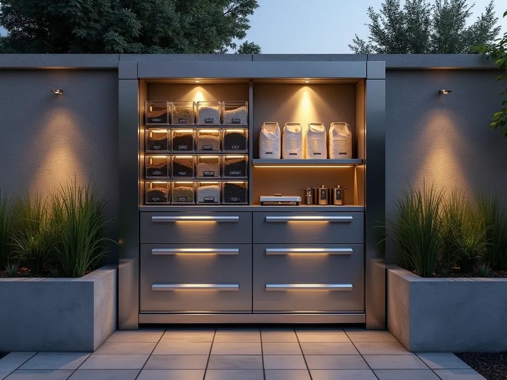 Modern Steel Garden Soil Storage Cabinet at Dusk - A sophisticated, weatherproof steel storage cabinet with multiple compartments positioned against a contemporary garden wall at dusk. The sleek, brushed stainless steel cabinet features clear organization compartments with premium soil varieties visible through small viewing windows. LED strip lighting illuminates the cabinet's perfectly labeled drawers and built-in measuring scoop holders. The cabinet is flanked by modern concrete planters with architectural grasses, while a slate path leads to the storage area. Soft evening lighting creates dramatic shadows, highlighting the cabinet's clean lines and professional organization system. A measuring station with digital scale is integrated into a pull-out shelf.