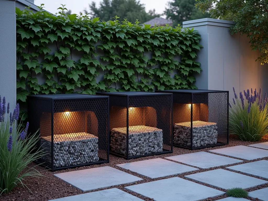 Modern Stone Gabion Garden Soil Storage - A stunning dusk scene showcasing elegant stone gabion bins in a contemporary garden setting. Three industrial-style wire mesh gabion baskets, filled with natural grey and tan stones, form organized storage compartments. Dark landscape fabric lines the interior, holding rich garden soil. Soft evening lighting illuminates the gabion structure, casting intricate shadows through the wire mesh. The bins are arranged against a modern concrete wall with climbing ivy, while ornamental grasses and lavender provide soft contrast to the geometric structure. A wide-angle perspective reveals how the gabion storage seamlessly integrates into the garden's architectural design.