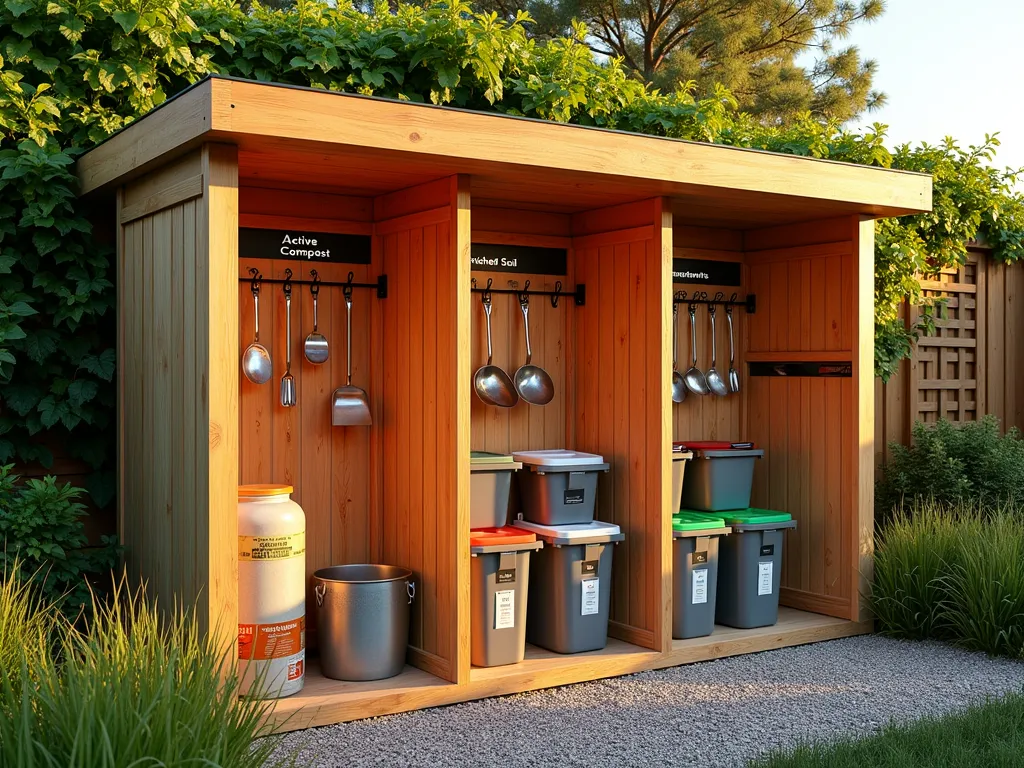 Modern Three-Bay Composting and Soil Storage Station - Professional DSLR wide-angle shot of a beautifully organized three-bay composting and soil storage station at golden hour. The structure features natural cedar wood compartments with clean lines and modern design, complemented by metal mesh ventilation. Three distinct sections are clearly labeled: 'Active Compost', 'Finished Soil', and 'Amendments'. Each bay has a slanted roof for weather protection and front-loading access. The station is nestled against a lush garden backdrop with climbing jasmine on a wooden trellis. Gardening tools are neatly arranged on wall-mounted racks, and color-coded containers store different soil amendments. The scene is illuminated by warm evening sunlight casting long shadows, highlighting the practical yet aesthetic organization system. Metal scoops and measuring tools hang from hooks, while moisture-proof storage bins contain specialized soil mixes. The foreground shows a well-maintained gravel path leading to the station, with ornamental grasses softening the edges.