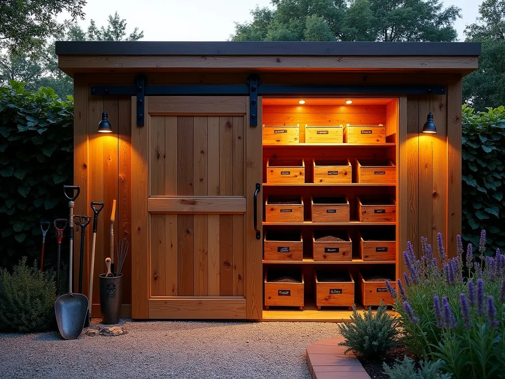 Rustic Sliding Barn Door Soil Storage - A stunning dusk photography of a custom-built garden soil storage system featuring weathered cedar sliding barn doors with black metal hardware, captured with a wide-angle lens at f/2.8. The 8-foot-tall structure is nestled against a garden wall covered in climbing jasmine. The left barn door is partially open, revealing illuminated interior compartments with organized soil types in cedar bins, each with chalk-written labels. Warm outdoor lighting casts a gentle glow on the structure, highlighting its rustic architectural details. The foreground showcases a neat gravel path bordered by lavender plants, while garden tools lean artistically against the structure. The golden hour lighting creates dramatic shadows and emphasizes the textural details of the wood grain.