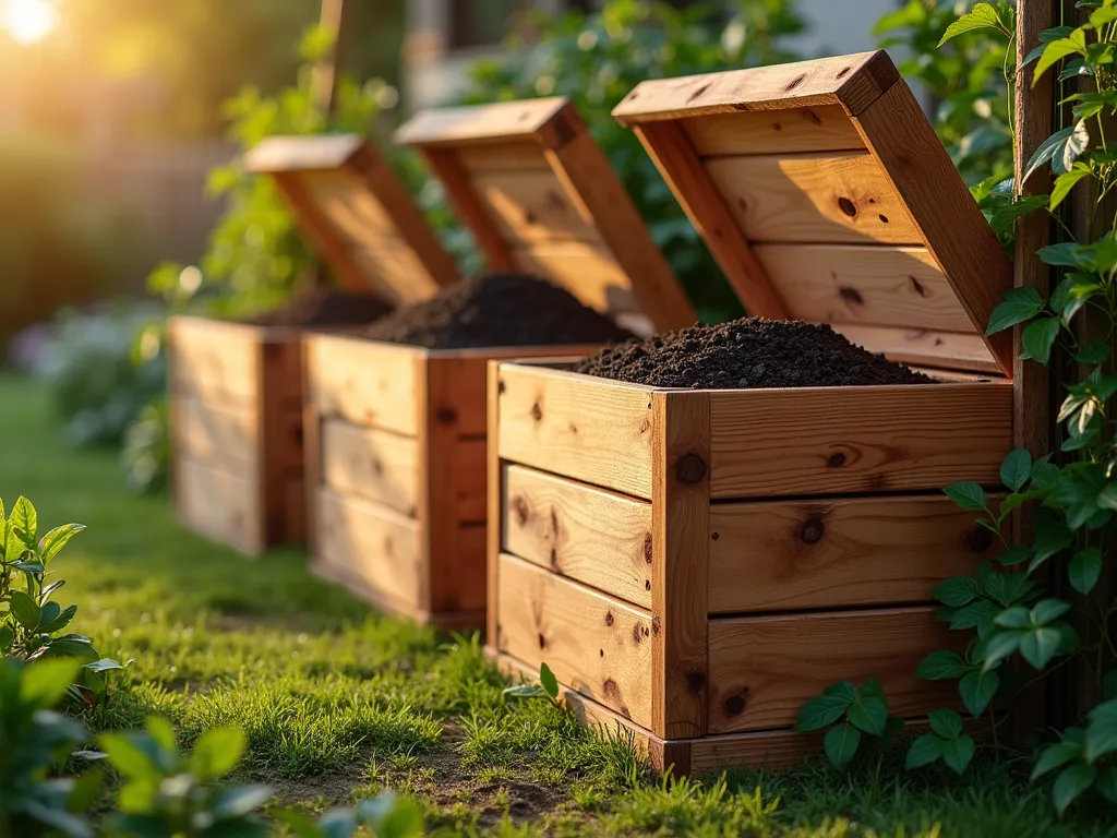 Tiered Cedar Soil Storage Bins at Dawn - A beautifully crafted three-tiered cedar wood soil storage system in a serene garden setting at dawn, golden sunlight casting long shadows across its weathered surface. The handcrafted bins feature angled fronts for easy access, with partially opened rustic hinged lids revealing organized compartments of different soils. Natural morning dew glistens on the weather-resistant cedar, while climbing jasmine decorates the corners. Captured in soft morning light with a wide-angle perspective, highlighting both the practical design and farmhouse charm. Shot with shallow depth of field emphasizing the rich texture of the wood grain and the dimensional construction, f/2.8, ISO 400, 16-35mm lens.