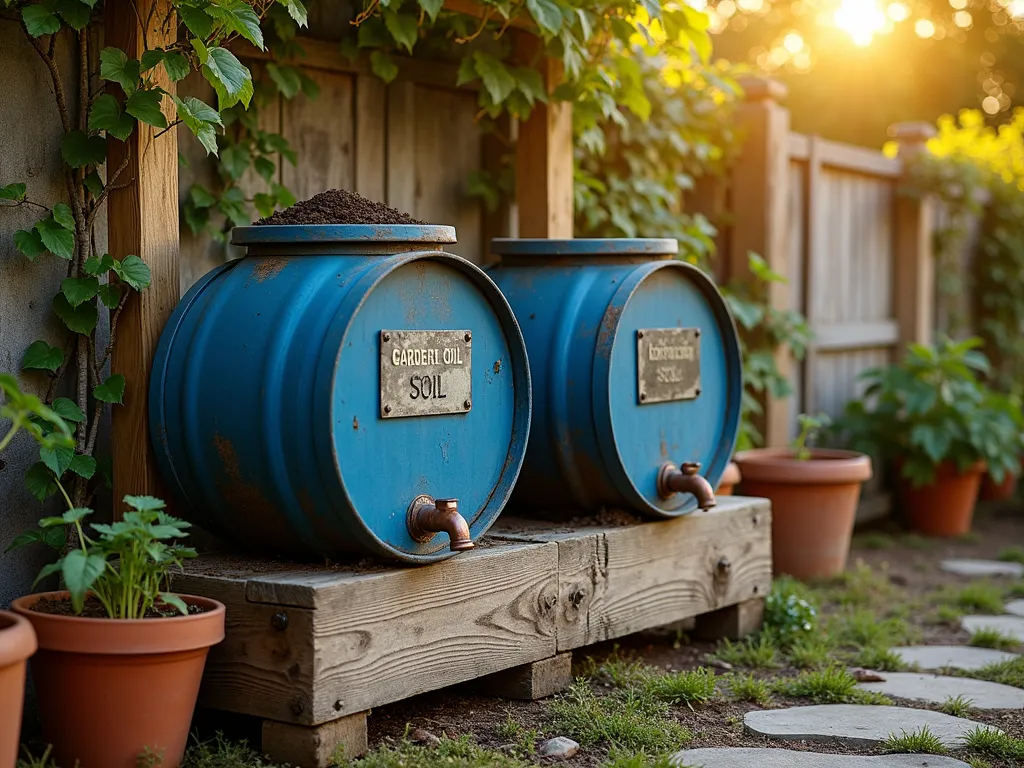 Rustic Rain Barrel Soil Storage Station - A golden hour garden scene featuring a rustic wooden potting station with two halved blue rain barrels expertly converted into soil storage containers. The barrels are mounted on a weathered cedar platform with copper drainage spouts visible beneath. One barrel contains rich, dark potting soil while the other holds lighter garden soil, both neatly labeled with vintage-style metal signs. The setting is enhanced by climbing jasmine on a nearby trellis, with dappled evening sunlight filtering through, creating a warm, inviting atmosphere. The wide-angle composition shows the storage station nestled against a natural stone garden wall, with various terra cotta pots and garden tools artfully arranged nearby. Shot with shallow depth of field highlighting the textural details of the repurposed barrels, captured with professional DSLR photography techniques.