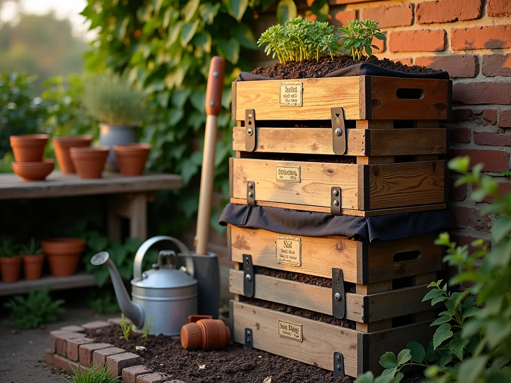 Rustic Wooden Crate Soil Storage Tower - A rustic wooden crate tower in a serene garden setting at golden hour, photographed at f/2.8 with a 16-35mm lens. Four weathered cedar crates are artfully stacked against a vintage brick wall covered in climbing ivy. Each crate features black iron hinged lids and is lined with dark landscape fabric. The tower is positioned near a potting bench, with soft evening light casting warm shadows across the structure. Garden tools lean casually against the tower, while terracotta pots and seedlings add context. The crates are labeled for different soil types, with rich, dark soil visible inside. A vintage metal watering can rests nearby, adding to the rustic garden aesthetic. The composition is captured from a slight low angle, emphasizing the vertical design while blurring the background garden foliage.