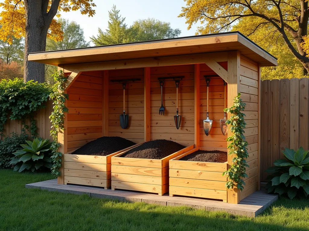 Professional Timber Soil Storage Bay at Sunset - A beautifully crafted timber-framed soil storage structure in a well-maintained garden, photographed during golden hour. The structure features three organized bays with different types of soil, separated by sturdy pressure-treated wooden dividers. A rustic wooden roof with subtle overhang provides weather protection, casting gentle shadows. The bays are partially filled with rich, dark compost, potting soil, and sand. Garden tools are neatly arranged on hooks along the side. Natural light filters through nearby maple trees, creating a warm, inviting atmosphere. Shot from a 45-degree angle to showcase both the front openings and the practical design of the structure. Weathered cedar wood adds character while maintaining a professional appearance. A climbing jasmine decorates one corner, adding organic charm to the functional design. Photorealistic, highly detailed, architectural focus.