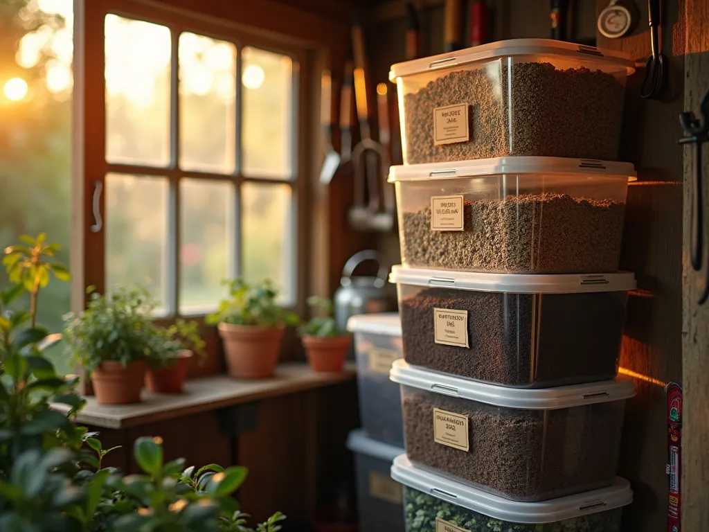 Organized Garden Soil Storage with Transparent Bins - A well-organized garden shed corner at golden hour, featuring stacked professional-grade transparent storage bins containing different types of garden soil. The bins are neatly arranged on sturdy metal shelving, with warm sunlight filtering through the shed's window, highlighting the various soil textures and colors within. Labels clearly visible on each container, showing potting mix, seed starting mix, and organic compost. Shot with a medium-wide perspective at f/2.8, creating a beautiful depth of field that emphasizes the organizational system while maintaining the cozy, practical atmosphere of a serious gardener's workspace. Garden tools hanging on the wall in the background, slightly out of focus, adding context and dimension.