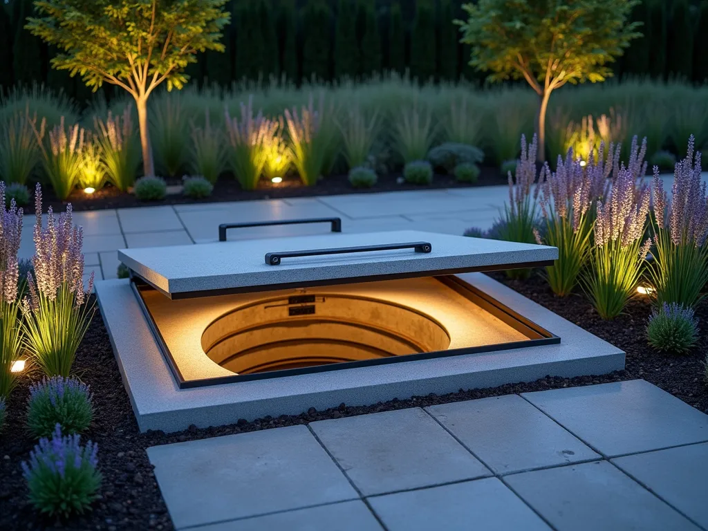 Modern Underground Garden Soil Storage Vault at Dusk - A professional DSLR wide-angle photograph of a sleek underground soil storage vault in a well-organized contemporary garden setting at dusk. The vault features a partially opened heavy-duty metal lid with ergonomic handles, revealing the organized concrete ring structure beneath. The storage system is seamlessly integrated into a meticulously landscaped garden path, surrounded by ornamental grasses and neat rows of lavender. Soft landscape lighting illuminates the scene, casting gentle shadows across the textured concrete lid. The vault's lid is flush with the surrounding paver stones, creating a clean, professional appearance. Captured with natural lighting and dramatic shadows, showcasing the practical yet aesthetic design of the storage solution.