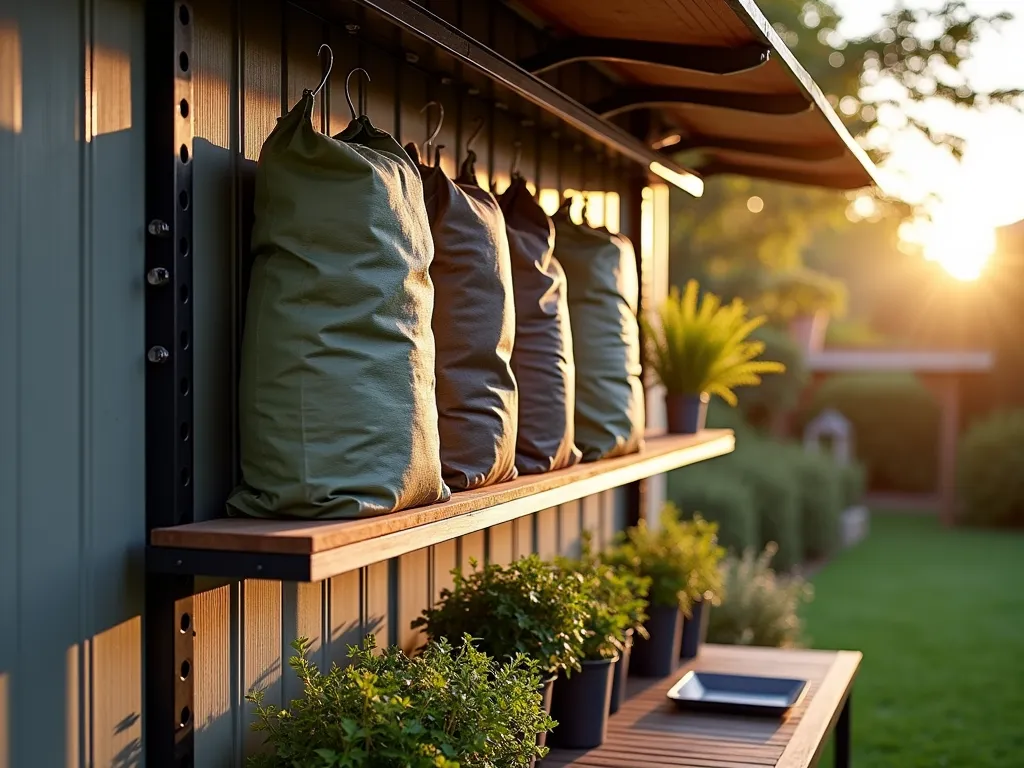 Modern Vertical Garden Soil Storage System at Sunset - A sleek, modern vertical storage system mounted on a garden shed wall at sunset, featuring multiple heavy-duty metal shelves and hooks holding neatly arranged bags of different types of garden soil. The system includes clear label holders and is illuminated by warm evening light casting long shadows. The industrial-style shelving unit has a weatherproof finish in matte black, with reinforced brackets and a protective overhang. Below the storage system is a neat potting station with various container plants, creating a practical and aesthetically pleasing garden workspace. Shot at a slight angle to showcase the depth and functionality of the storage solution, with soft bokeh effect in the background showing a well-maintained garden.