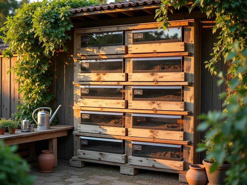 Rustic Vertical Pallet Soil Storage Wall - A beautifully organized vertical garden soil storage system made from reclaimed wooden pallets, photographed during golden hour. The structure features multiple weathered wood compartments skillfully arranged against a garden shed wall, each neatly labeled with rustic chalk tags. Clear plastic covers protect different types of soil, while letting contents remain visible. Natural sunlight casts warm shadows across the textured wood, highlighting the practical yet aesthetic design. A potting bench sits nearby with garden tools, and climbing jasmine frames the edges of the structure. Shot at f/8 with a wide-angle lens to capture the full scale and craftsmanship of this space-saving solution, with rich depth of field showing both fine wood grain details and overall structure. The scene includes vintage watering cans and terracotta pots for authentic garden ambiance.