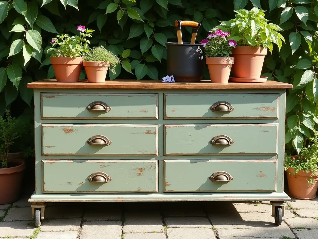 Vintage Dresser Garden Soil Station - A beautifully weathered vintage oak dresser transformed into a garden soil storage system, photographed in soft morning light on a rustic stone patio. The dresser features four deep drawers painted in sage green with brass handles and clear label holders. Each drawer is lined with waterproof material and mounted on industrial wheels. The top surface displays vintage gardening tools and terracotta pots. Climbing jasmine decorates one side, while a backdrop of lush garden foliage creates depth. Shot from a slight diagonal angle to showcase both the functional design and whimsical charm, with natural light casting subtle shadows that highlight the dresser's architectural details. The image captures the perfect blend of practical storage and cottage garden aesthetic.