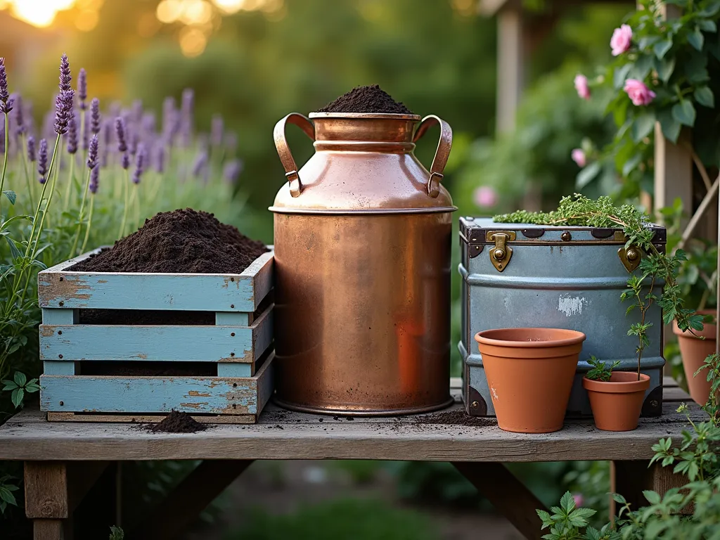 Rustic Garden Soil Storage with Vintage Containers - A charming garden corner at golden hour, photographed at f/2.8 with soft natural lighting. A weathered wooden potting bench serves as a backdrop for an artfully arranged collection of vintage containers used for soil storage. A large, beautifully patinated copper milk can takes center stage, its warm metallic tones catching the evening light. Beside it, a distressed wooden crate with peeling blue paint holds dark, rich soil. An antique galvanized metal trunk with decorative brass details sits nearby, partially covered by cascading English ivy. The scene is completed by terracotta pots and garden tools thoughtfully arranged around the vessels, creating a lived-in, cottage garden aesthetic. The wide-angle perspective captures the surrounding garden space with lavender plants and climbing roses in soft focus, adding depth and context to the storage solution.