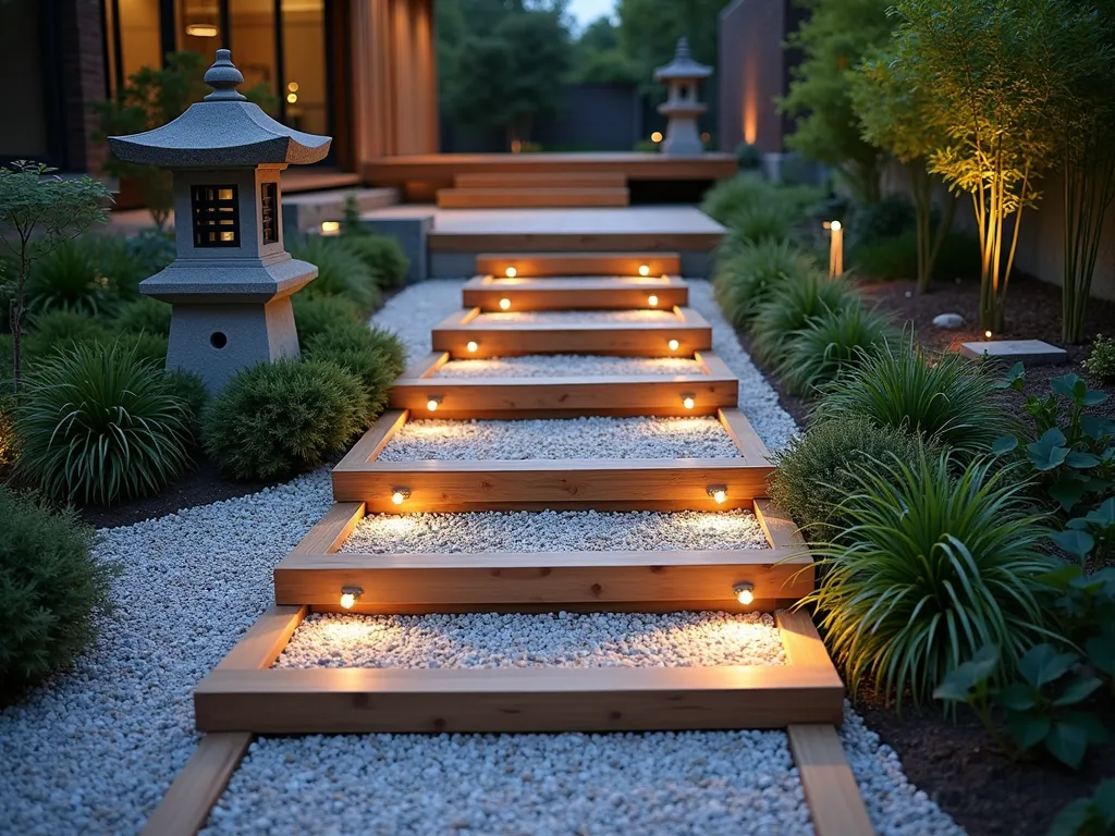 Zen Garden Bamboo Steps at Dusk - A serene garden path with elegant bamboo-edged steps ascending gently through a modern Japanese garden at dusk. Natural bamboo poles line both sides of each step, creating clean horizontal lines against light grey gravel infill. The steps are illuminated by subtle landscape lighting, casting warm shadows across the textured surfaces. Ornamental grasses and small Japanese maples frame the scene, while a stone lantern sits thoughtfully placed to one side. The wide-angle composition captures the full sequence of steps leading toward a contemporary wooden deck, showcasing the harmonious blend of natural materials and architectural elements