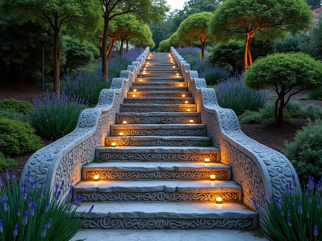 Artistically Carved Natural Stone Garden Steps - A magical twilight scene featuring intricately hand-carved limestone garden steps ascending through a lush garden. Each step displays detailed Celtic knot patterns and nature-inspired reliefs, with soft LED lighting highlighting the carved textures. The steps are flanked by blooming lavender and creeping thyme spilling over the edges, while Japanese maples provide a graceful canopy overhead. A medium-wide angle shot captures the natural integration of the artistic steps with the surrounding landscape, while the golden hour lighting casts long shadows that emphasize the carved details. The steps appear to be weathered yet maintain their elegant craftsmanship, with moss naturally settling into the carved grooves, creating an enchanted garden atmosphere.