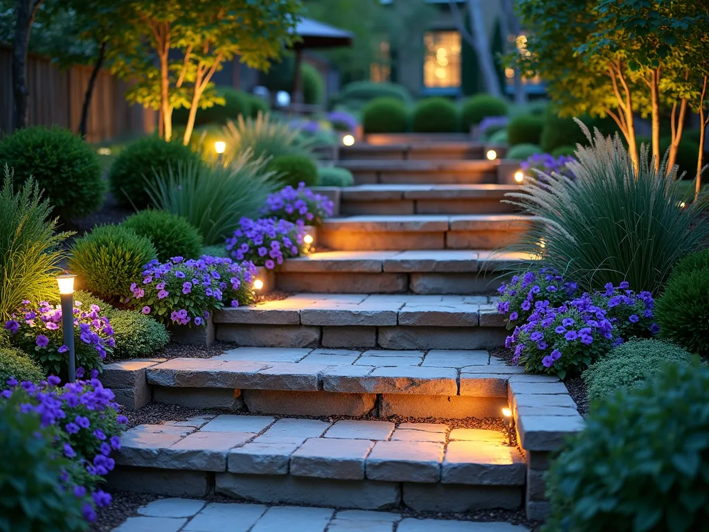 Cascading Garden Steps with Living Edges - A stunning garden stone stairway at dusk, photographed with a wide-angle lens, featuring natural stone steps with built-in planting pockets along both edges. The steps are adorned with cascading Purple Wave Petunias, creeping Thyme, and ornamental grasses that spill over the edges, creating a soft, romantic border. Warm LED landscape lighting illuminates the steps from below, casting gentle shadows through the foliage. The weathered natural stone steps ascend through a lush garden setting, with mature Japanese Maples providing a dramatic backdrop. The steps are bordered by Cor-Ten steel edging that adds a modern architectural element while containing the plantings. A light evening mist adds atmosphere to the scene. Shot at f/2.8 with beautiful bokeh effect in the background.