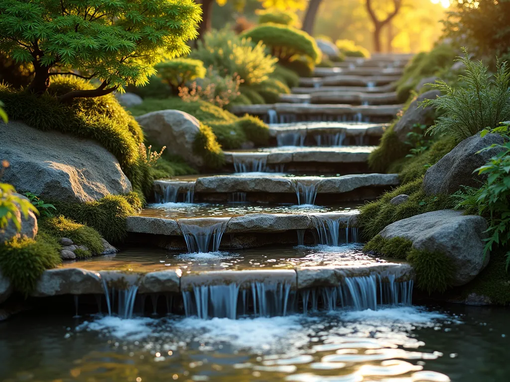 Cascading Garden Waterfall Steps - A serene DSLR wide-angle shot of elegant stone garden steps with a natural waterfall cascading alongside, captured during golden hour. The multi-tiered limestone steps feature gentle water flows through carved channels, creating a mesmerizing pattern of mini-waterfalls. Native ferns and Japanese forest grass soften the edges, while moss-covered stones add texture and age. Soft lighting filters through overhead Japanese maple trees, creating dancing shadows on the water's surface. The steps lead upward through a landscaped slope, with strategic uplighting highlighting the water's movement. Crystal-clear water catches the warm evening light, creating sparkles and reflection patterns. Shot at f/8 for perfect depth of field, capturing both the intricate water details and the broader garden context.