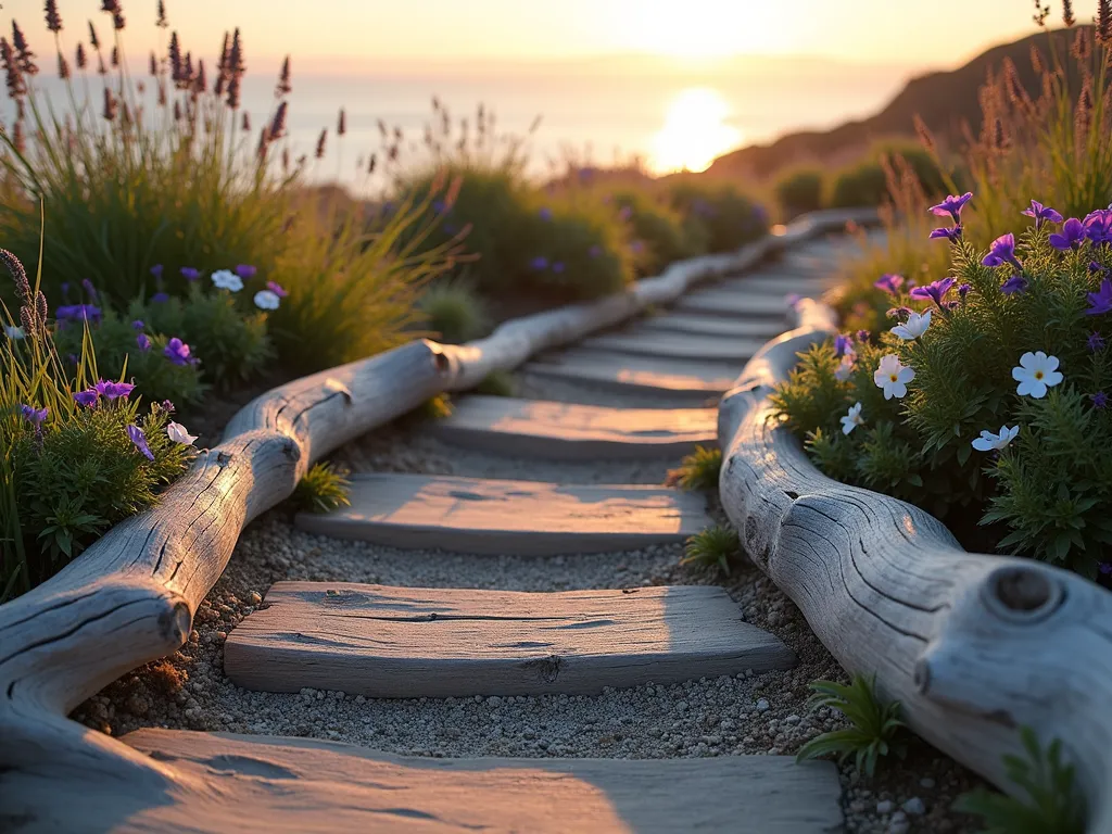 Coastal Driftwood Garden Steps at Sunset - A professional DSLR photograph of rustic garden steps in a coastal setting, captured during golden hour. Weathered, silver-toned driftwood pieces naturally edge each step, creating an organic flow through the garden. The steps are made of compressed sand and gravel, winding through coastal grasses like sea oats and beach grass. Purple and white flowering beach morning glories trail over the driftwood edges, while hardy succulents peek between the steps. Ornamental grasses catch the warm evening light, casting gentle shadows. The wide-angle composition shows the full pathway leading toward the ocean horizon, with soft focus beach roses and lavender in the background. The natural textures of the driftwood are enhanced by the low-angle sunlight, highlighting their sculptural qualities. Shot at f/8 for optimal depth of field, capturing both fine driftwood details and the broader coastal landscape.